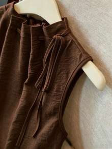 Franclia Elegant Sleeveless Elastic Waist Loose Neckline Drawstring Textured Woven White Blouse For Women, Spring/Summer - Coffee Brown - View 4