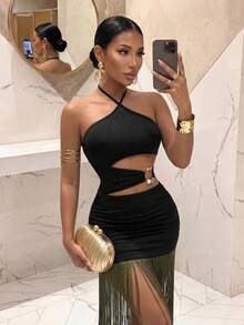 Slaydiva Đầm maxi ôm sát màu đen dành cho nữ, cổ yếm, khoét eo, viền tua rua ánh kim - Trang phục dự tiệc gợi cảm - A - màu đen - Xem 2