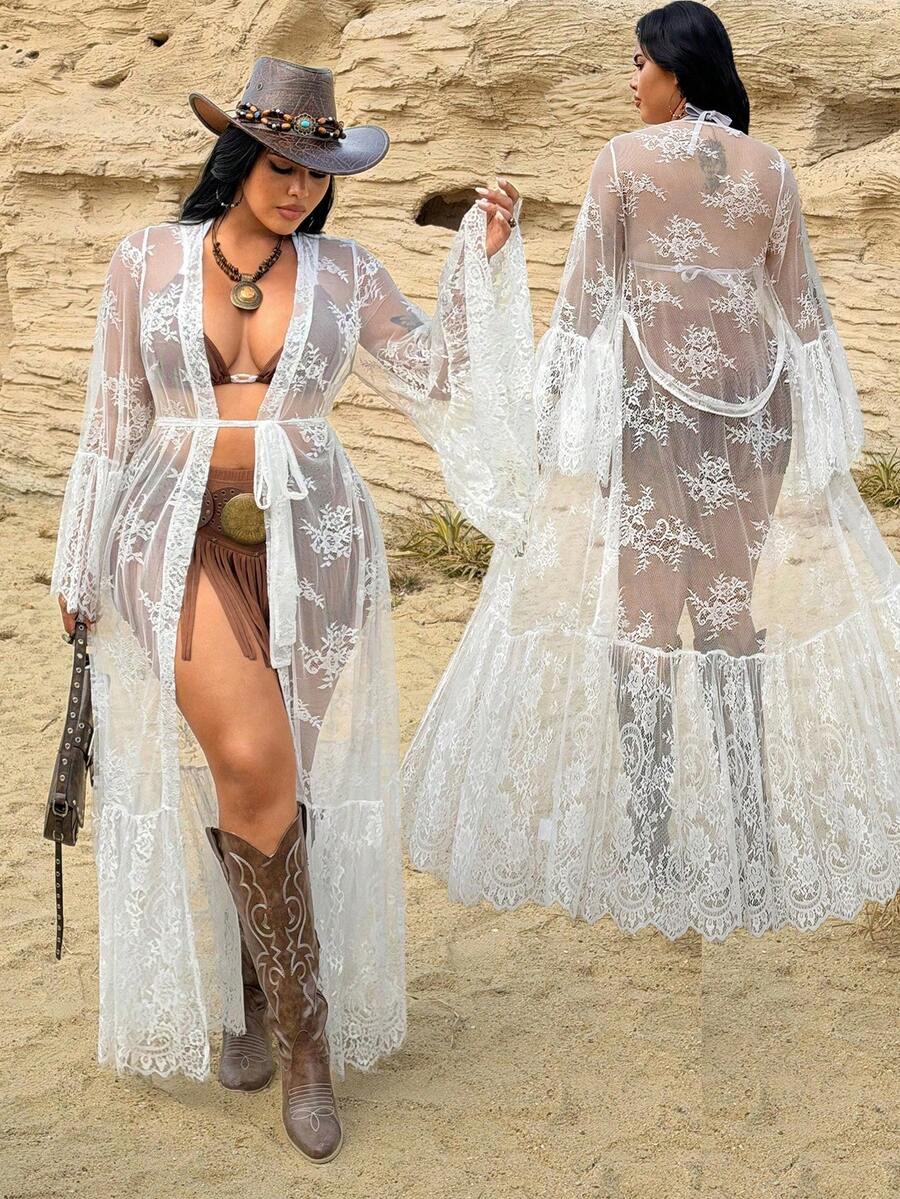 Rustia Mùa xuân, hè, thu, phong cách Boho mới, thanh lịch kiểu Âu và Mỹ, thường ngày, đa năng, áo khoác bikini dài bằng ren dệt, khăn choàng đi biển, áo khoác nhẹ bằng vải móc, váy maxi, váy sơ mi dài tay, váy maxi thêu cho kỳ nghỉ biển. - trắng - Xem 1