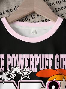 THE POWERPUFF GIRLS X SHEIN Bộ áo thun và quần short in hình hoạt hình dành cho bé gái tuổi teen - trắng - Xem 6