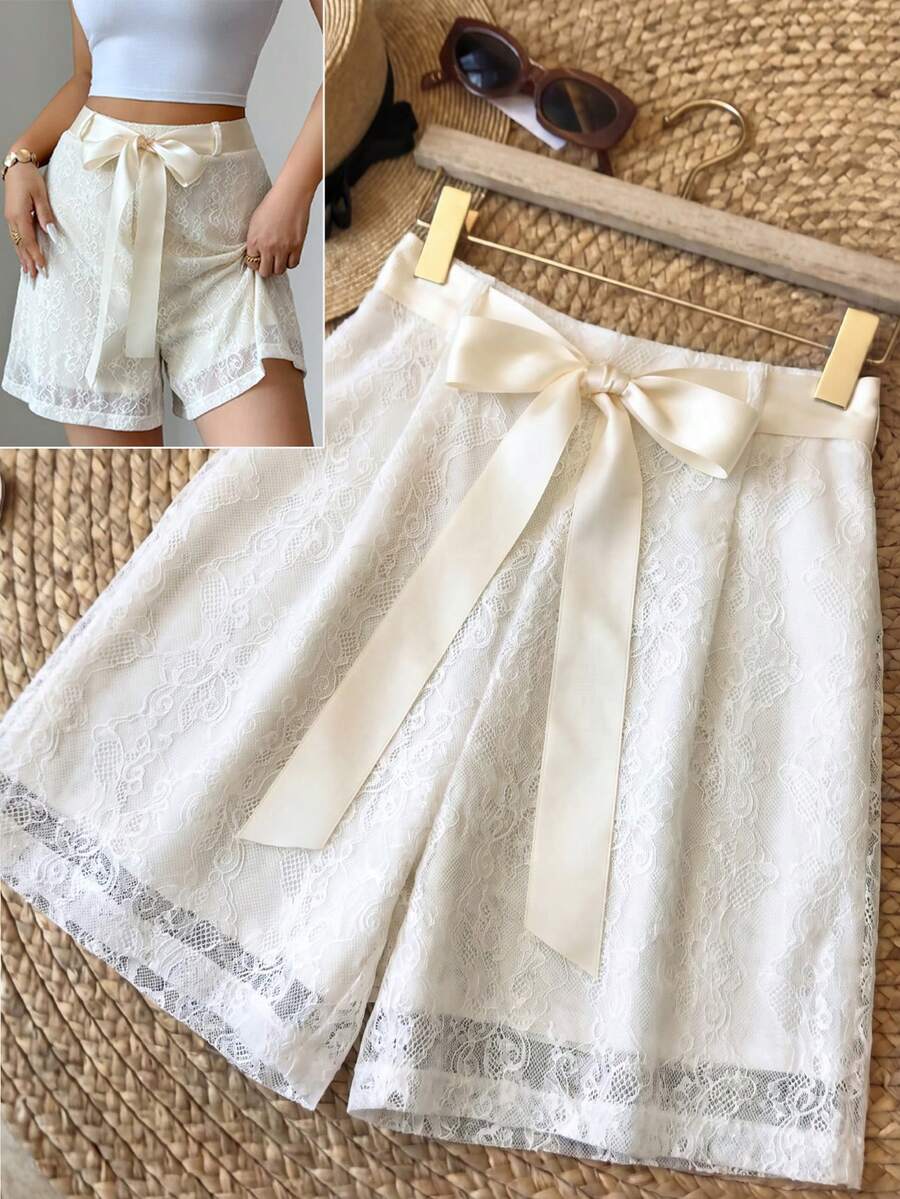 Selianne Spitzen-Shorts für Frauen in eleganter, romantischer Optik mit Schleifendekor in Unifarbe - Aprikosenfarben - Übersicht 1
