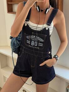 DAZY Quần yếm denim nữ mùa hè in họa tiết, kiểu dáng thường ngày. - Rửa tối - Xem 7
