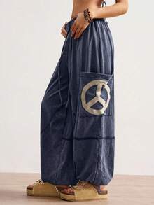 Bohemela Pantalones holgados de punto de unicolor con cordón y bordado de signo de paz, estilo casual y bohemio para vacaciones de mujer - azul real - Ver 5