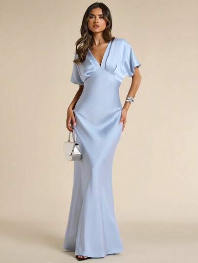 SHEIN BAE Women's Blue Satin Deep V-Neck Short Sleeve Fishtail Elegant Dress, Suitable For Party, Cocktail Party, Formal Occasions, Bridesmaid Dress, Birthday Party, Banquet,Vacation Outfits Women,Ceremony Dress ,Summer Dress