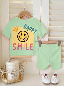 Baby Girls Lime Green Cute Face Print 2 Piece Set,Summer Casual Round Neck Short Sleeve T-Shirt And Tight Cycling Shorts For Vacation Daily Wear - Multicolor - View 3