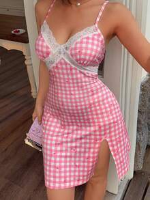 Napfluff Summer New Arrival Cute Lace Patchwork Plaid Bow Print Camisole Nightgown - Pink - View 1