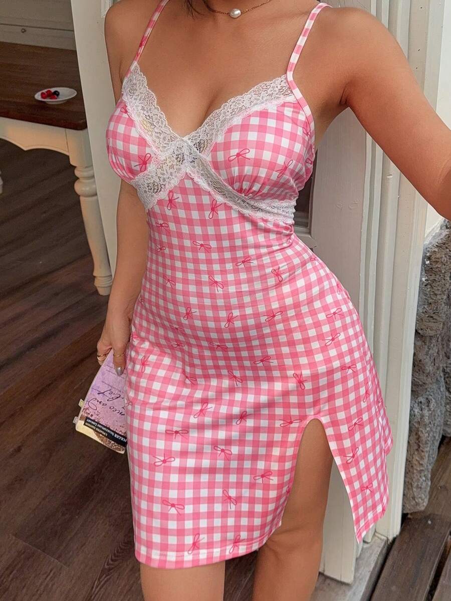Napfluff Summer New Arrival Cute Lace Patchwork Plaid Bow Print Camisole Nightgown - Pink - View 1