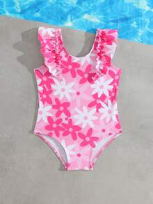 SHEIN Baby Girls' Strawberry Print One-Piece Swimsuit With Mesh Ruffle Skirt, Cute And Suitable For Vacation - Pink - View 4