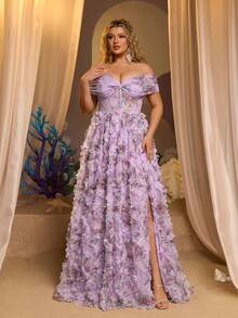 Glamrae Đầm maxi dáng chữ A trễ vai, chất liệu lưới xuyên thấu, lãng mạn, cỡ lớn, họa tiết hoa, xẻ cao, thích hợp cho dạ hội. - Màu tím - Xem 4