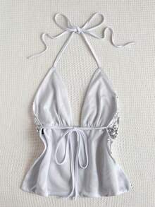 Sweetra Sexy Backless V-Neck Beaded Design Vest, Fashionable And Versatile For Parties And Gatherings, American Classic Style - Silver - View 2