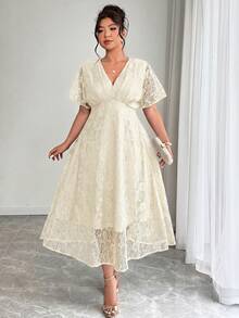 Elenzga Đầm ren cổ chữ V thanh lịch dành cho nữ cỡ lớn, dáng chữ A thắt eo, thích hợp cho đám cưới, tiệc tùng, dạ hội, mùa xuân/hè. - Màu be - Xem 3