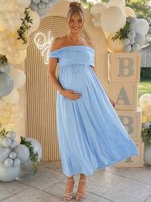 Loomaby Elegant Solid Color Off-Shoulder Maternity Dress,Gender Reveal Dress,Maternity Dress,Baby Shower Dress - Blue - View 5