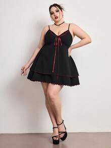 Sweetness Plus Size Women's Boudoir Style Floral Embroidered Contrast Ruffle Deep V-Neck Cinched Waist Babydoll Mini Fairycore Dress Date Night Black Summer - Black - View 6