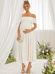 Loomaby Vestido minimalista de uso diario con hombros descubiertos, de unicolor y con aplicaciones de encaje para embarazadas - Caqui - Ver 11