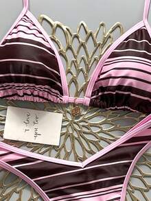 Swim Mod 2pcs/Set Random Floral Print Gold Disc Decor Halter Triangle Bra And High Cut Thong Sexy Bikini Swimwear Set, Spring/Summer - Multicolor - View 6