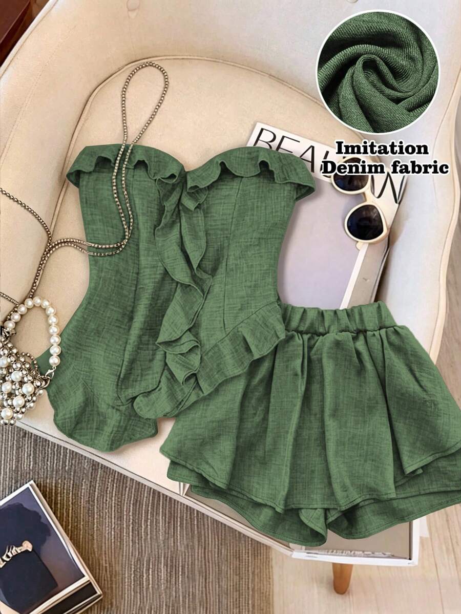 SHEIN Tall CURVE Plus Size 2-Piece Set With Ruffled Decor, Strapless Crop Top And Skirt, Sweet & Cool Style In Blue - Army Green - View 1