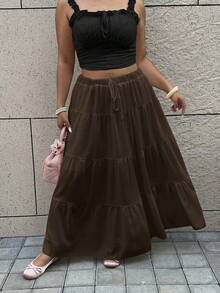GalTyme Chocolate Brown Layered Loose Plus Size Skirt - Chocolate Brown - View 6