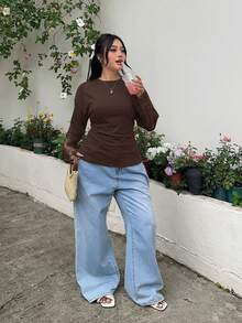 Muchica 大码女式撞色蕾丝荷叶边圆领T恤，休闲装 - 巧克力棕 - 查看 3