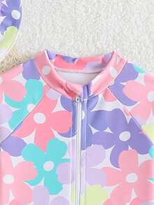 SHEIN 新生女宝宝碎花针织泳衣两件套，荷叶边下摆连体泳衣+泳帽，时尚优雅设计，适合游泳、海滩、泳池、夏季度假、假日 - 彩色 - 查看 6