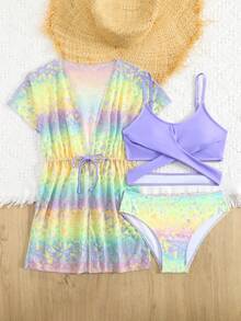 SHEIN Tween Girl Solid Color Camisole Top And Ombre Triangle Bottoms Bikini Set With Short Sleeve Cover-Up, 3-Piece Swimwear (Print Design Random) - Multicolor - View 6