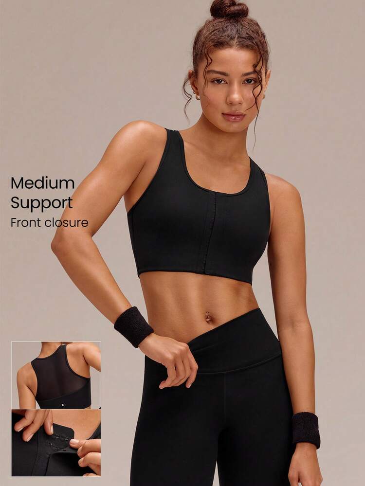 FeatherFit™-Sculpt FlowFit Breathable Sweat-Wicking Stretchy Mesh Back Adjustable Crop Front Closure Sports Bra With Removable Cups Medium Impact Training Running Workout Gym Fitness Wear