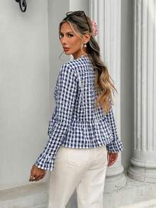 SHEIN Frenchy Áo kiểu nữ thời trang kẻ caro, cài cúc nửa thân, phối ren, cổ chữ V, tay dài. - Màu xanh lam - Xem 3