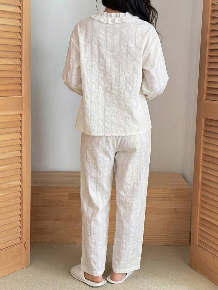 2pcs Cute Polka Dot Textured Fabric Ruffle Collar Women Summer Pajama Set