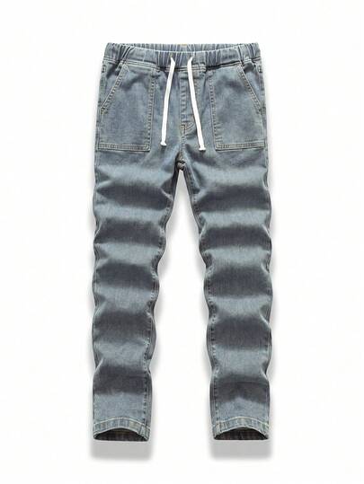 Boys' Relaxed Fit Distressed Denim Jeans, Soft Cotton, Casual, Fashionable, Versatile, Comfortable, Minimalist, Elastic Waist, Classic 5-Pocket Design, Faded Mid-Blue, Suitable For Daily Wear And Vacation