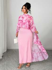 Elenzga Ensemble 2 pièces élégant : Top cape à volants avec imprimé floral en mousseline de soie + Robe nuisette en tricot, grande taille - Rose bonbon - Voir 4