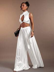 Hauture Áo tank top nữ gợi cảm, thoải mái, hai lớp, ôm sát cơ thể, cổ cao, khoét eo, kiểu xoắn. - trắng - Xem 4