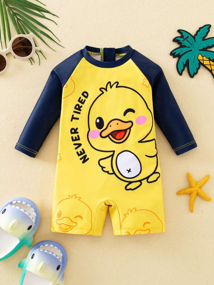 SHEIN 男/女婴可爱长袖罩衫泳衣,适合户外、度假、游泳、温泉、海滩、冲浪、春夏穿着 - 黃色 - 查看 1
