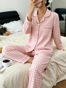 Zazumi Conjunto de pijama de 2 piezas con mangas largas, estampado a cuadros, solapa y diseño con botones para uso casual en el hogar - Rosa - Ver 2