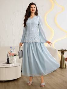 Modelyn Elegant V-Neck Lace Patchwork Embroidered Fabric Long Sleeve Dress - Aqua Blue - View 5