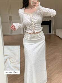 Modelyn Conjunto de 2 piezas elegante y sexy para vacaciones con blusa de mangas acampanadas color albaricoque y falda plisada - Albaricoque - Ver 2