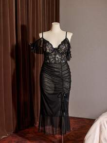 Slumberist Plus Size Sheer Mesh Layered Lace Bow Ruched Slit Sexy Nightgown - Black - View 4