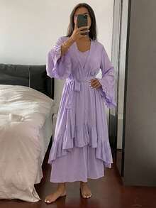 Livesso Set de bata con volantes y vestido largo de pijama, ropa de estar en casa para mujer en primavera y verano - Morado - Ver 5