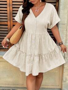 SHEIN Holidaya Plus Size V-Neck Textured Drop Shoulder A-Line Ruffle Hem Dress - Apricot - View 4