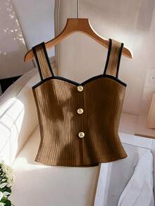 Franclia Bộ sưu tập Xuân/Hè mới về: Áo tank top không tay màu trắng thanh lịch kiểu Pháp, điểm nhấn là hàng cúc trang trí, phối màu tương phản, áo vest nữ thường ngày, áo hai dây gợi cảm, áo kiểu không tay, trang phục Xuân/Hè. - màu nâu - Xem 4