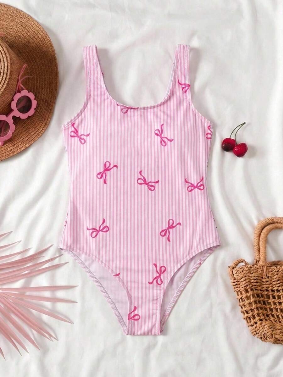 SHEIN 女童粉色蝴蝶结条纹度假风侧边蝴蝶结装饰休闲连体泳衣 - 粉色 - 查看 1