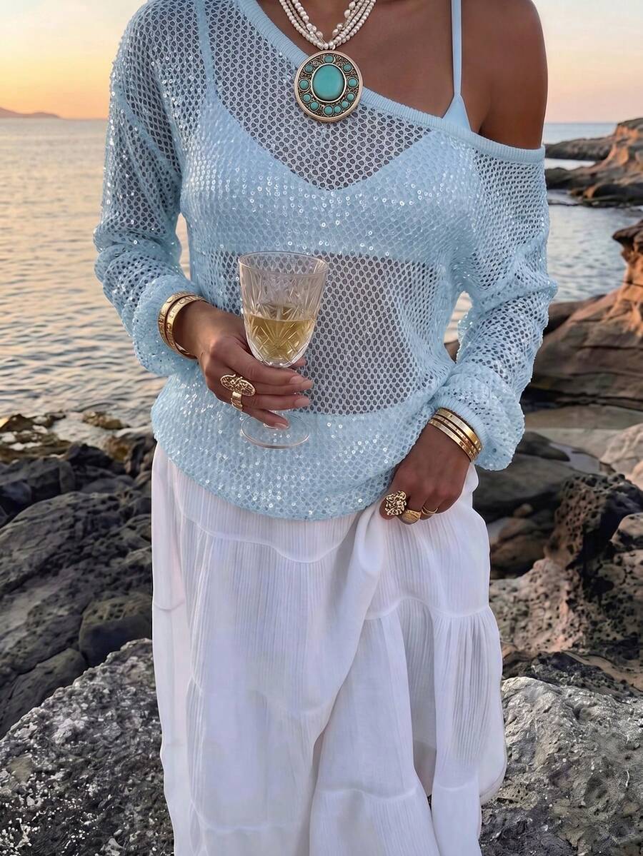 Femmeiva Hollow-Out Sequin Fashionable Pullover Sweater For Women - Baby Blue - View 1