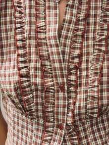 Nöista Women's Plaid Versatile Button Ruffle Hem Blouse - Brown - View 6
