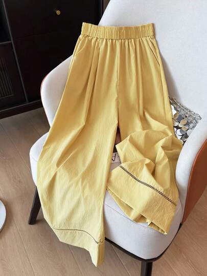 Franclia Women's Fashionable Yellow Wide Leg Pants, Lace Patchwork, Summer Casual Trousers, Suitable For Spring, Summer, Autumn And Winter Outfits, Vacation And Date Wear