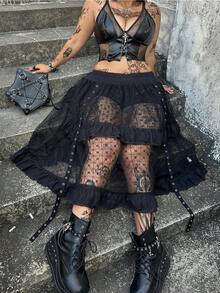 Whyspr Plus Size Women Elastic Waist Lace Patchwork Ruffle Hem Casual Versatile Date Night Skirt - Black - View 4