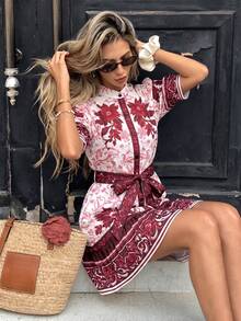 SHEIN PariChic 女士春夏多色佩里斯花卉系带A字蝴蝶结休闲日常通勤外出下午茶约会度假短裙 - 玫紅色 - 查看 5