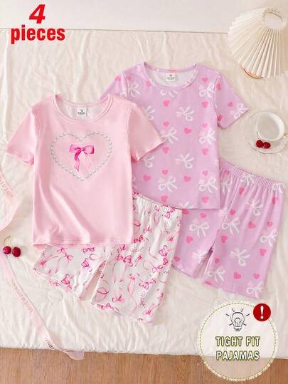 Bộ đồ ngủ 2 món cho bé gái tuổi teen, thời trang và thanh lịch với họa tiết trái tim và bướm đính ngọc trai màu hồng và tím, ôm sát, chất liệu co giãn, cổ tròn, tay ngắn và quần short thoải mái.