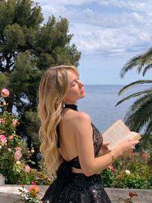 SHEIN MOD Women's Elegant Contrast Lace Halter Neck Backless Blouse, Summer,Summer Top - Black - View 2