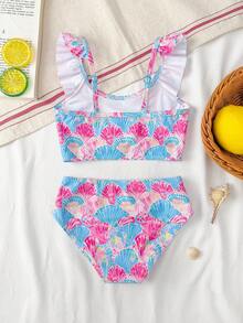 SHEIN Young Girl Summer Beach Shell Print Ruffle Trim Bikini Set - Blue - View 2