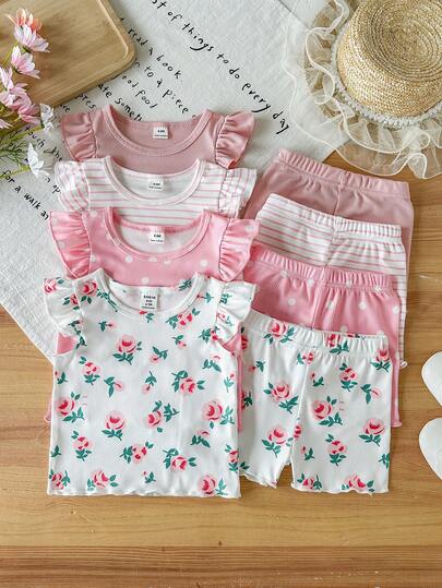 SHEIN 8pcs/ Baby Girl 0-3 Years Old Spring/Summer New Arrival Casual Everyday Outing Cute Solid Color Knitted Asymmetrical Ribbed Short Sleeve Vest Tee Shirt Top And Shorts 8-Piece Set