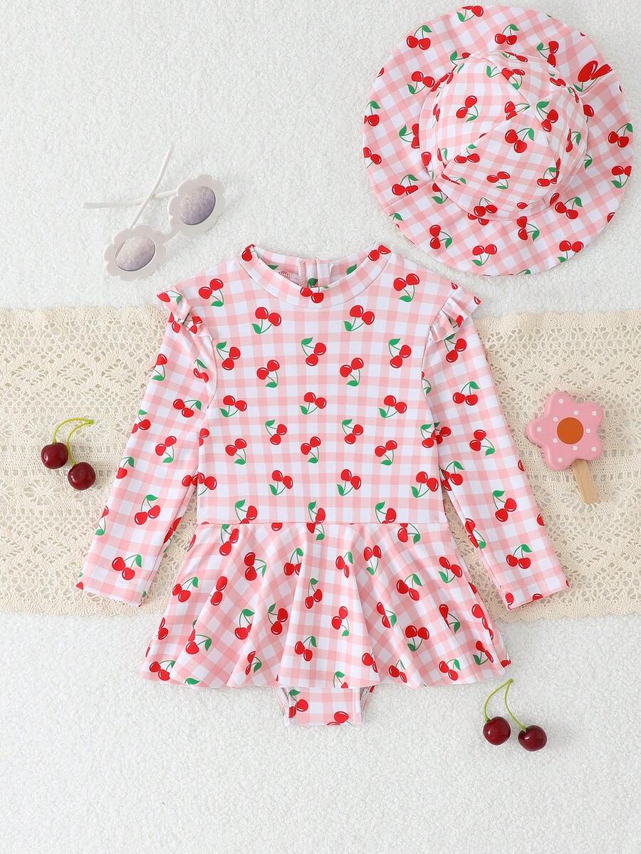 Baby Girls Cherry & Plaid Pattern Round Neck Long Sleeve Swimsuit And Hat Set - Multicolor - View 1