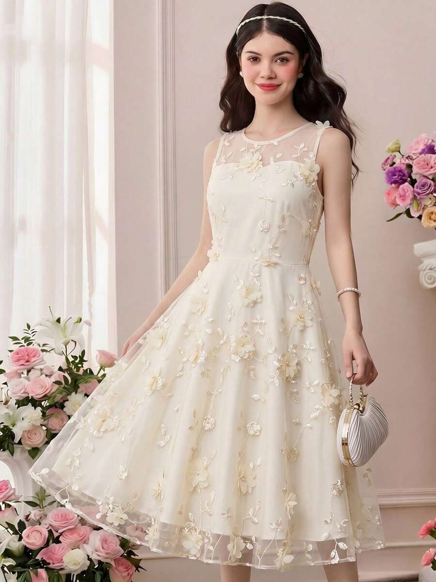 青少年女孩純色圓領無袖優雅休閒夏季洋裝 婚禮晚會奶油白 - 杏色 - 查看 1